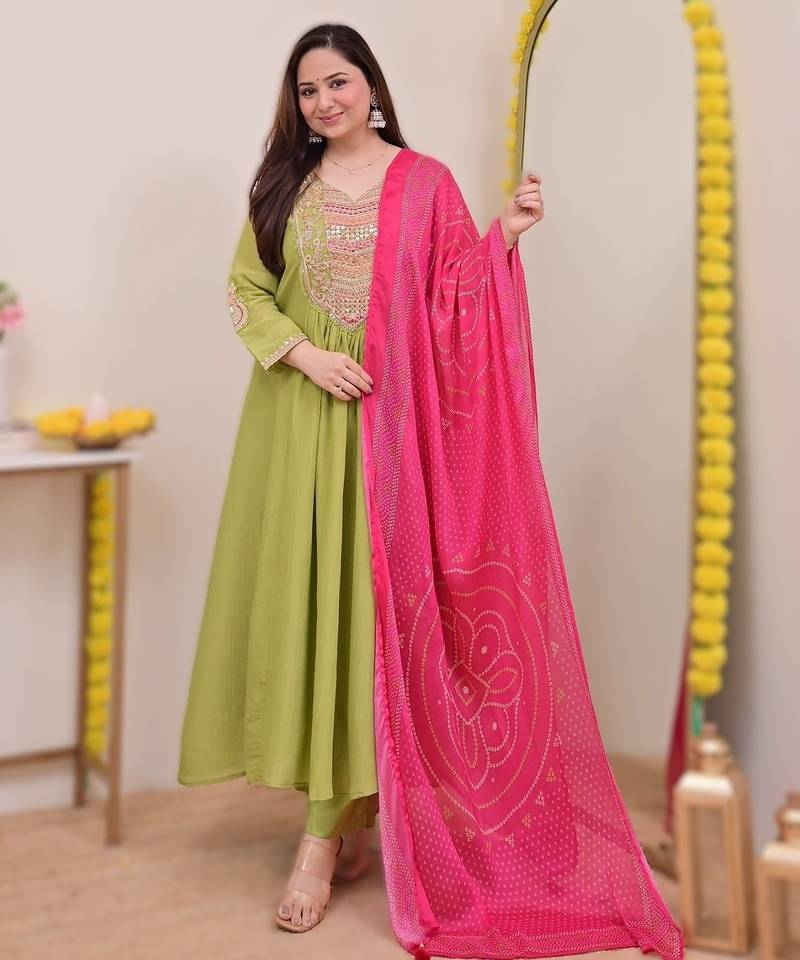 green silk chinnon embroidered kurti set with pure silk dupatta