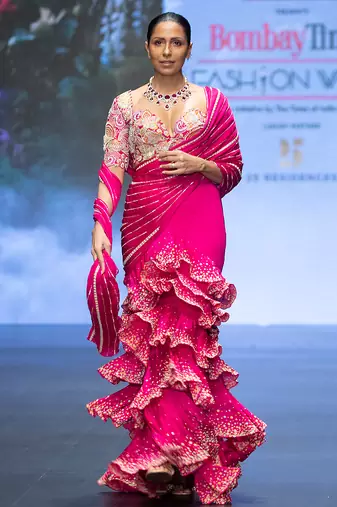 Hot pink embroidered rawsilk saree