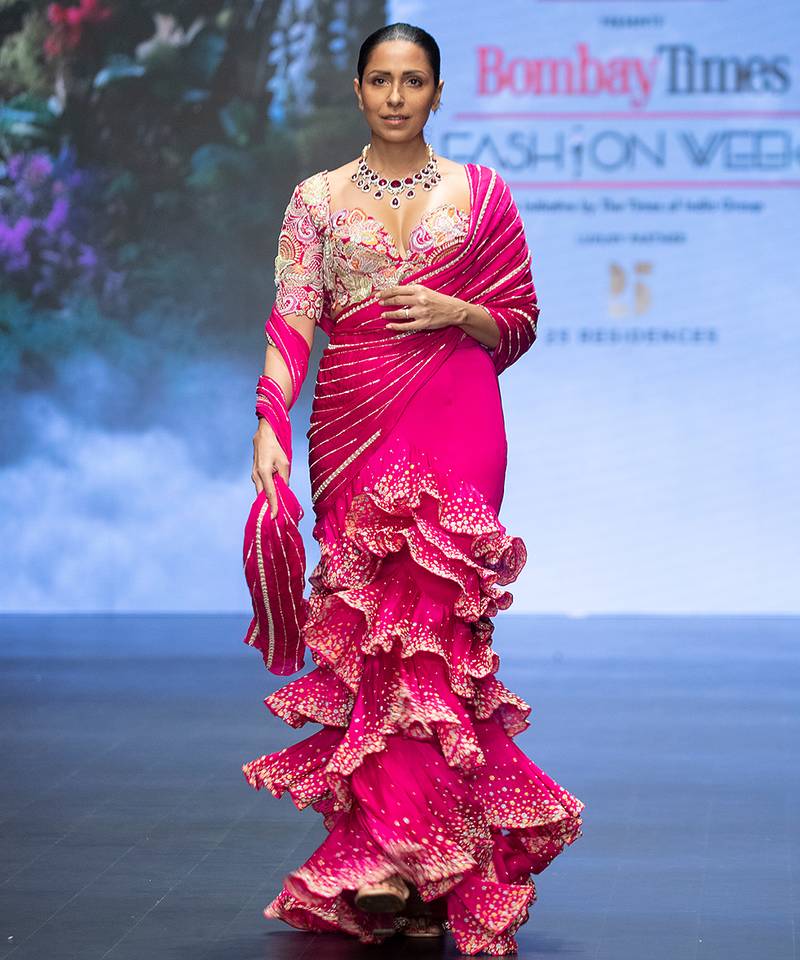Hot pink embroidered rawsilk saree