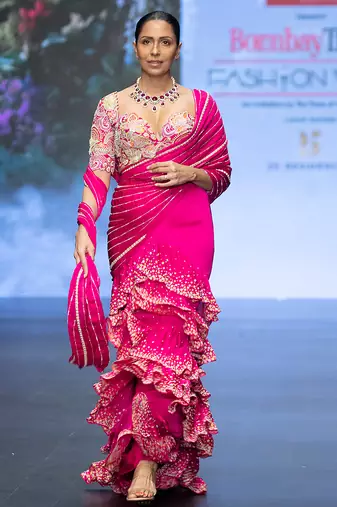 Hot pink embroidered rawsilk saree