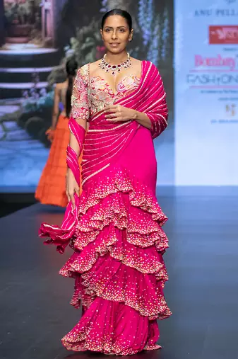 Hot pink embroidered rawsilk saree