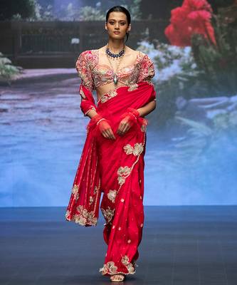 Red embroidered rawsilk saree 1