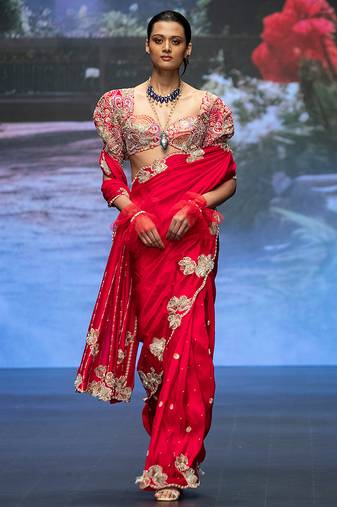 Red embroidered rawsilk saree