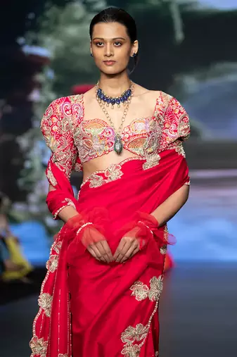 Red embroidered rawsilk saree