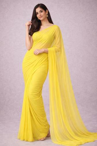 Lime yellow color plain georgette designer saree with blouse