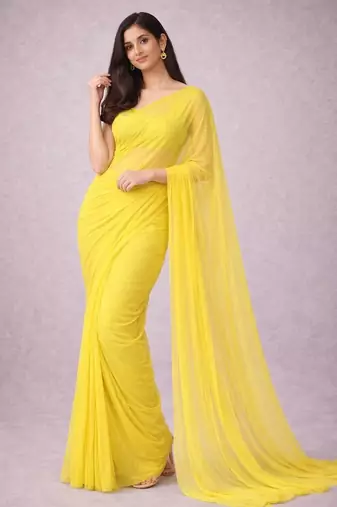 Lime yellow color plain georgette designer saree with blouse