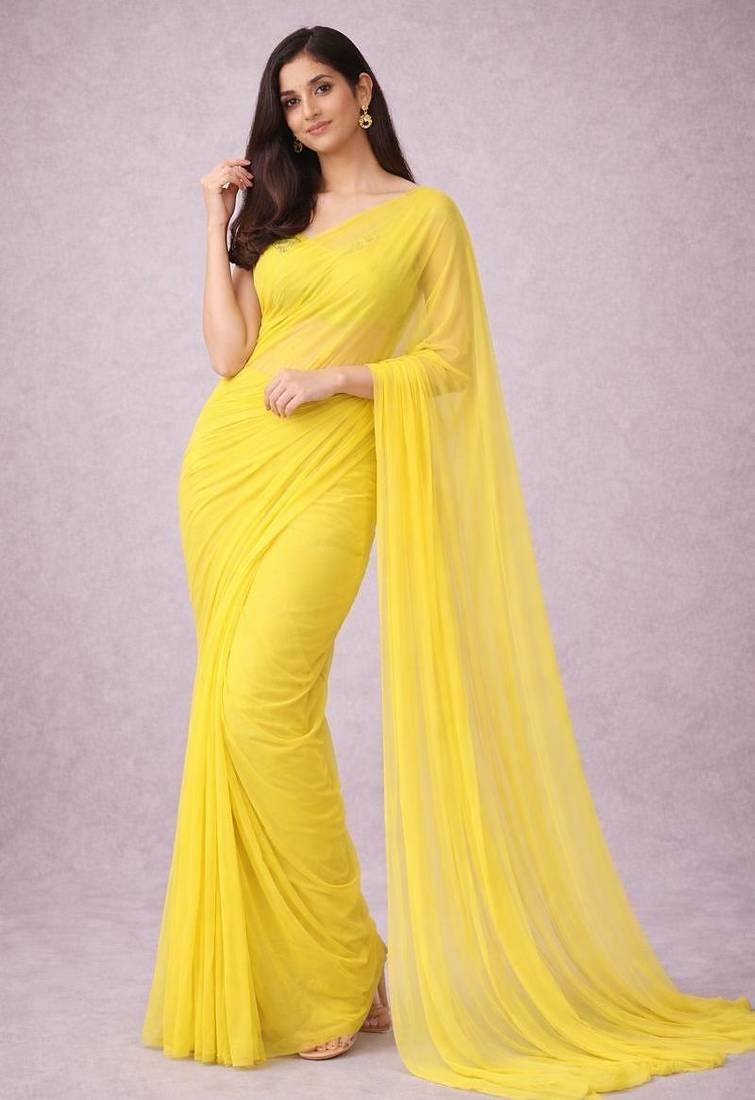 Lime yellow color plain georgette designer saree with blouse