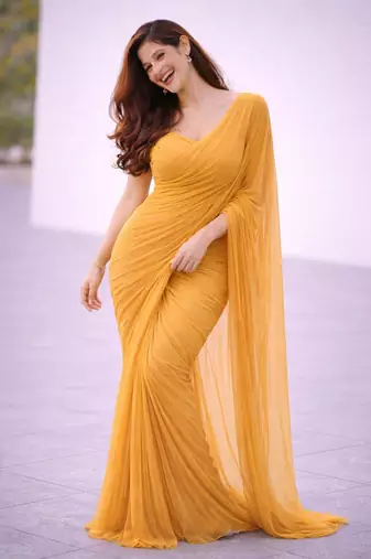 Honey color plain georgette designer saree with blouse