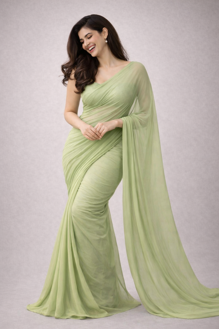 Pista  color plain georgette designer saree with blouse