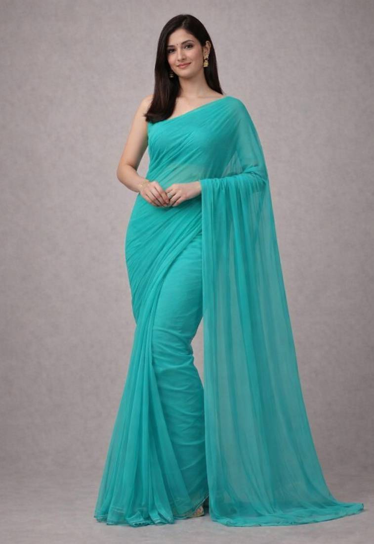Aqua color plain georgette designer saree with blouse