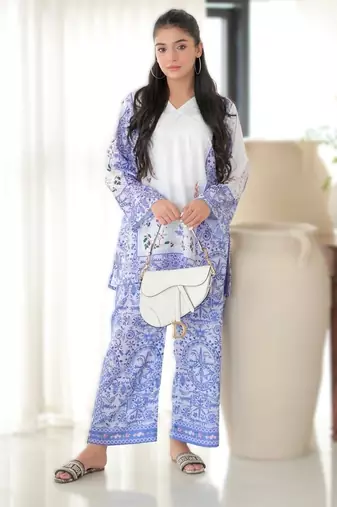 purple printed rayon short kurti set 