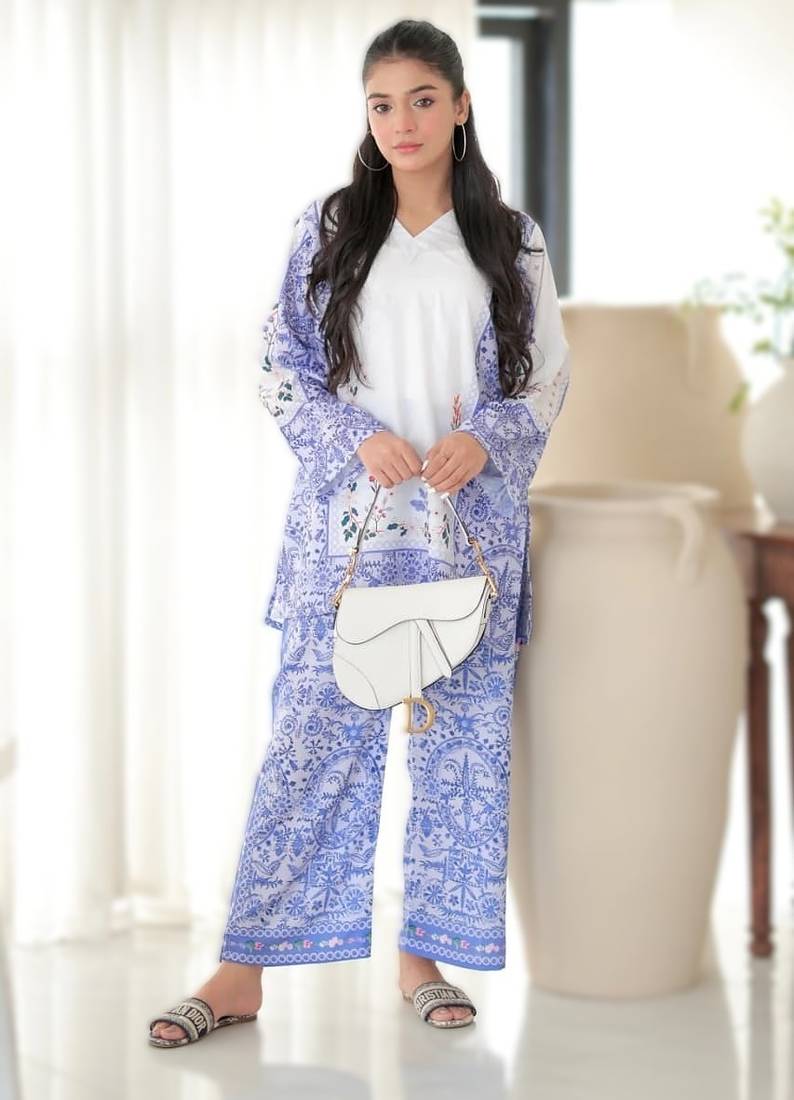 purple printed rayon short kurti set 