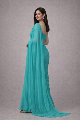 Aqua color plain georgette designer saree with blouse 2