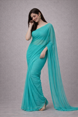 Aqua color plain georgette designer saree with blouse 3