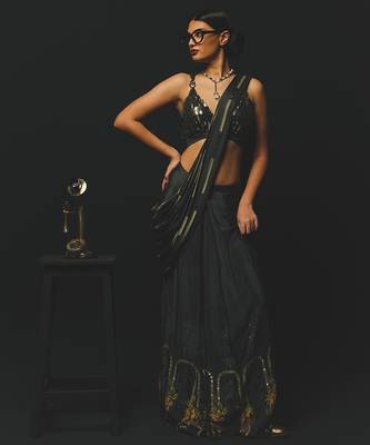 Black embroidered satin saree 1