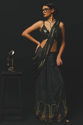 Black embroidered satin saree