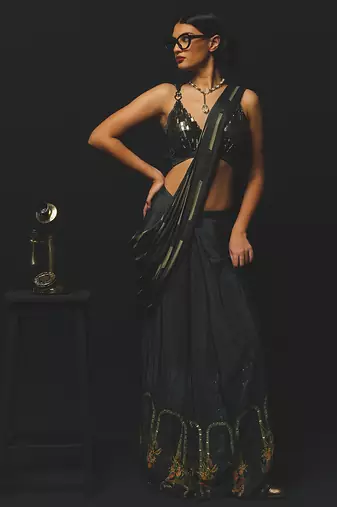 Black embroidered satin saree