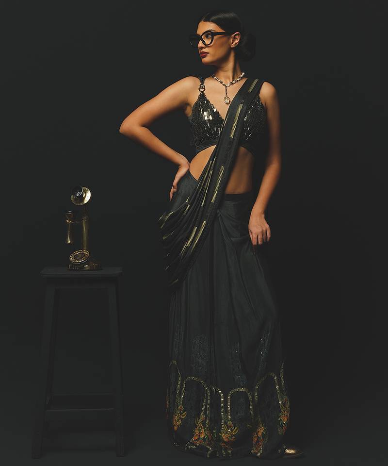 Black embroidered satin saree