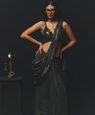 Black embroidered satin saree 2