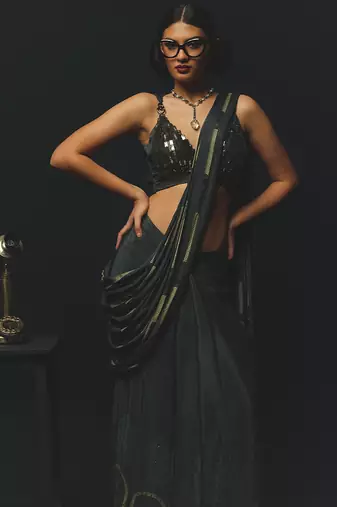 Black embroidered satin saree