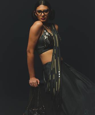 Black embroidered satin saree 3