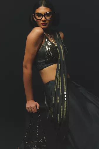 Black embroidered satin saree