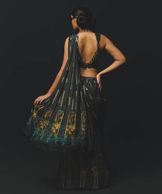Black embroidered satin saree 4