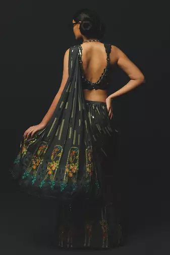 Black embroidered satin saree