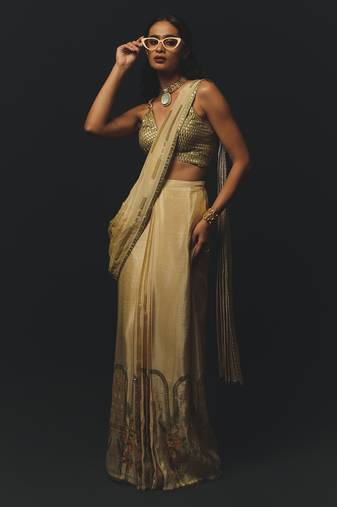 Beige embroidered tussar saree