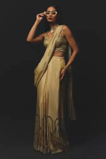 Beige embroidered tussar saree