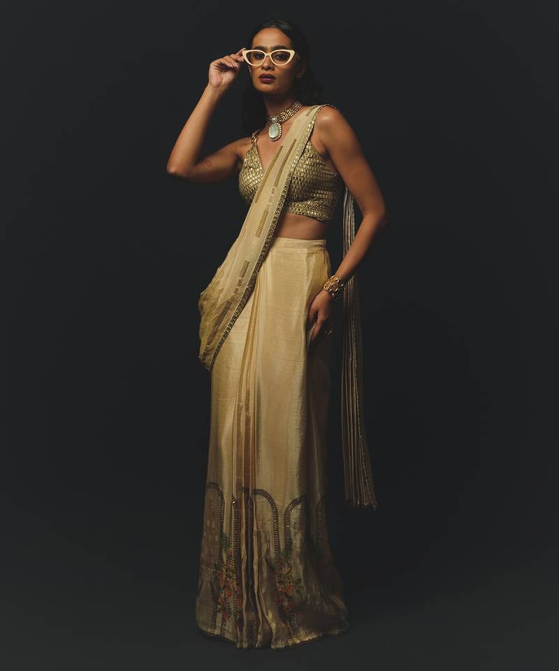 Beige embroidered tussar saree