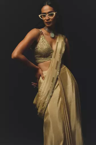 Beige embroidered tussar saree