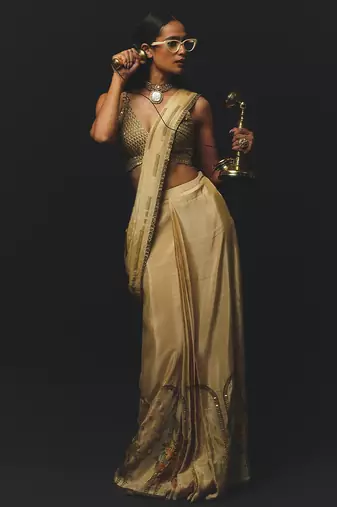 Beige embroidered tussar saree