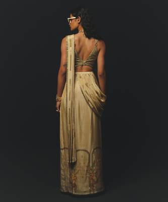 Beige embroidered tussar saree 4