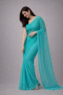 Aqua color plain georgette designer saree with blouse 4