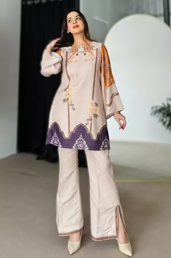 cream printed rayon short kurti set for daily wear