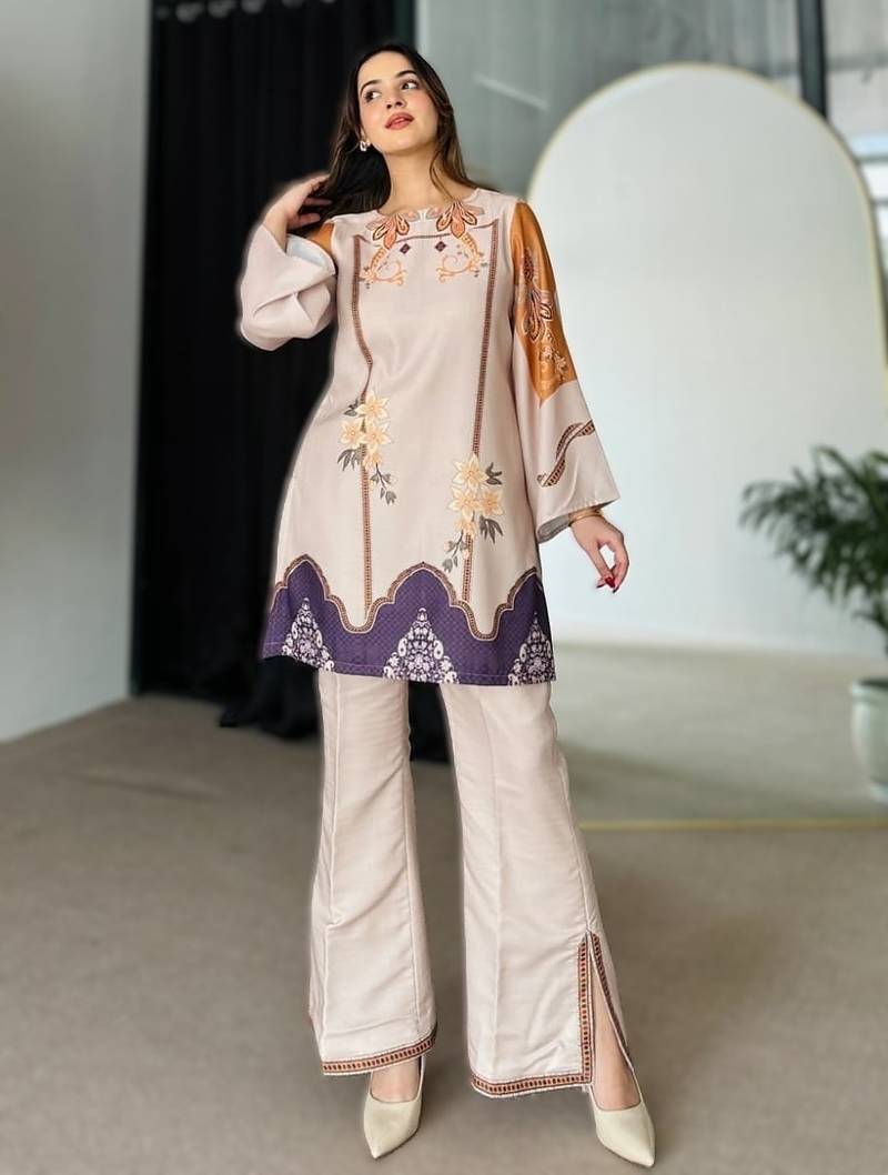 cream printed rayon short kurti set for daily wear