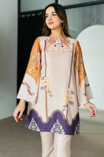 cream printed rayon short kurti set for daily wear