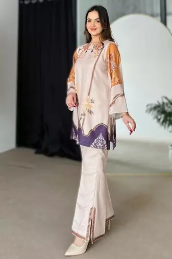 cream printed rayon short kurti set for daily wear