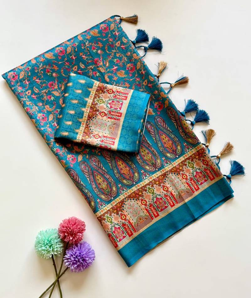 Blue color  Pashmina Jaqurad Work Dola Silk Saree