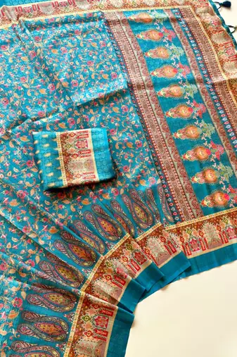 Blue color  Pashmina Jaqurad Work Dola Silk Saree