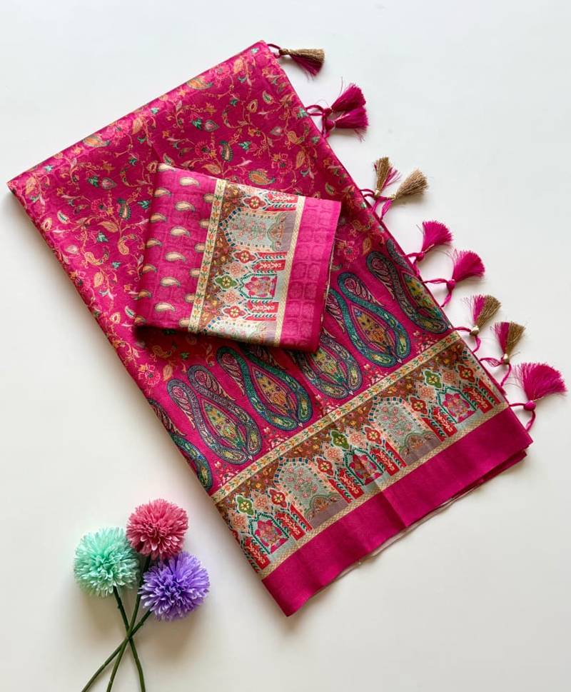  Rani Pink color  Pashmina Jaqurad Work Dola Silk Blend Saree