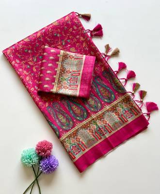  Rani Pink color  Pashmina Jaqurad Work Dola Silk Blend Saree 1
