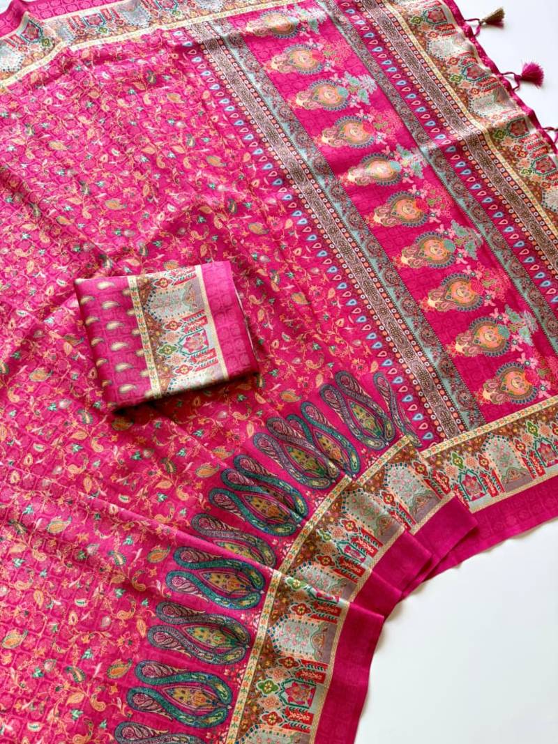  Rani Pink color  Pashmina Jaqurad Work Dola Silk Blend Saree