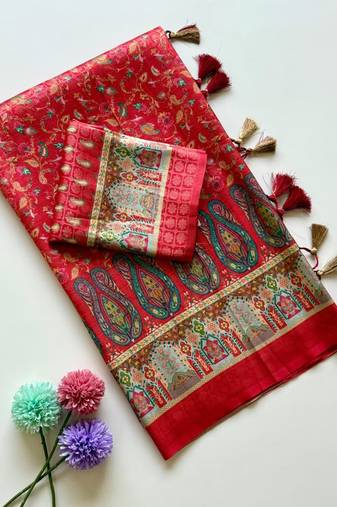 Red color  Pashmina Jaqurad Work Dola Silk Blend Saree