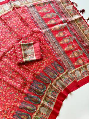 Red color  Pashmina Jaqurad Work Dola Silk Blend Saree 2