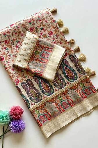 Off White Color Pashmina Jaqurad Work Dola Silk Blend Saree