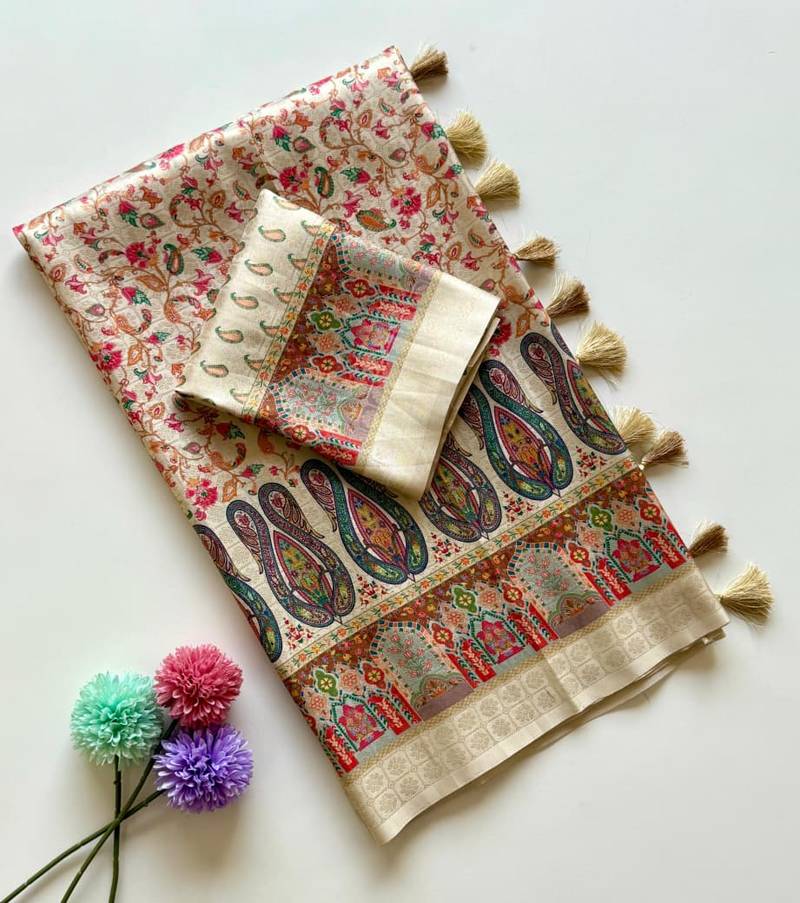 Off White Color Pashmina Jaqurad Work Dola Silk Blend Saree