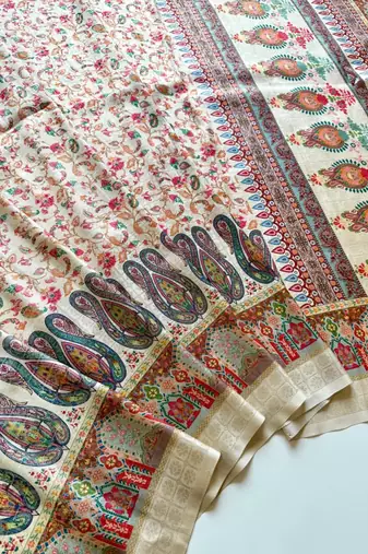 Off White Color Pashmina Jaqurad Work Dola Silk Blend Saree