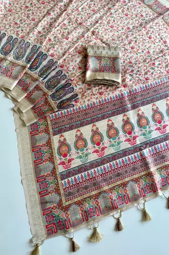 Off White Color Pashmina Jaqurad Work Dola Silk Blend Saree